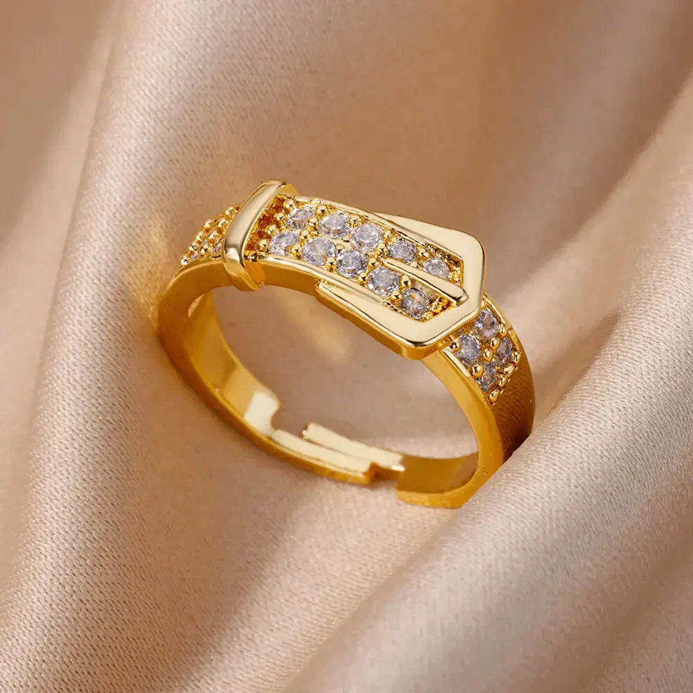 18K Gold-plated Full Diamond Titanium Steel Colorfast Open Ring For Women