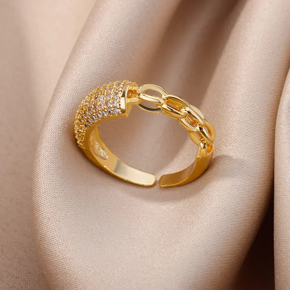 18K Gold-plated Full Diamond Titanium Steel Colorfast Open Ring For Women
