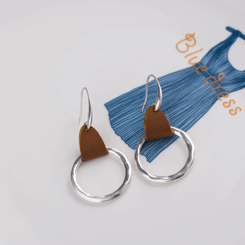 Simple Fashion Brown Leather Stitching Round Ring Earrings