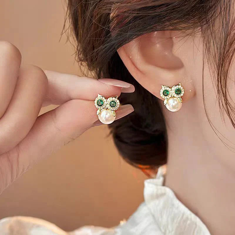 Owl Zircon Pearl Stud Earrings Female Design