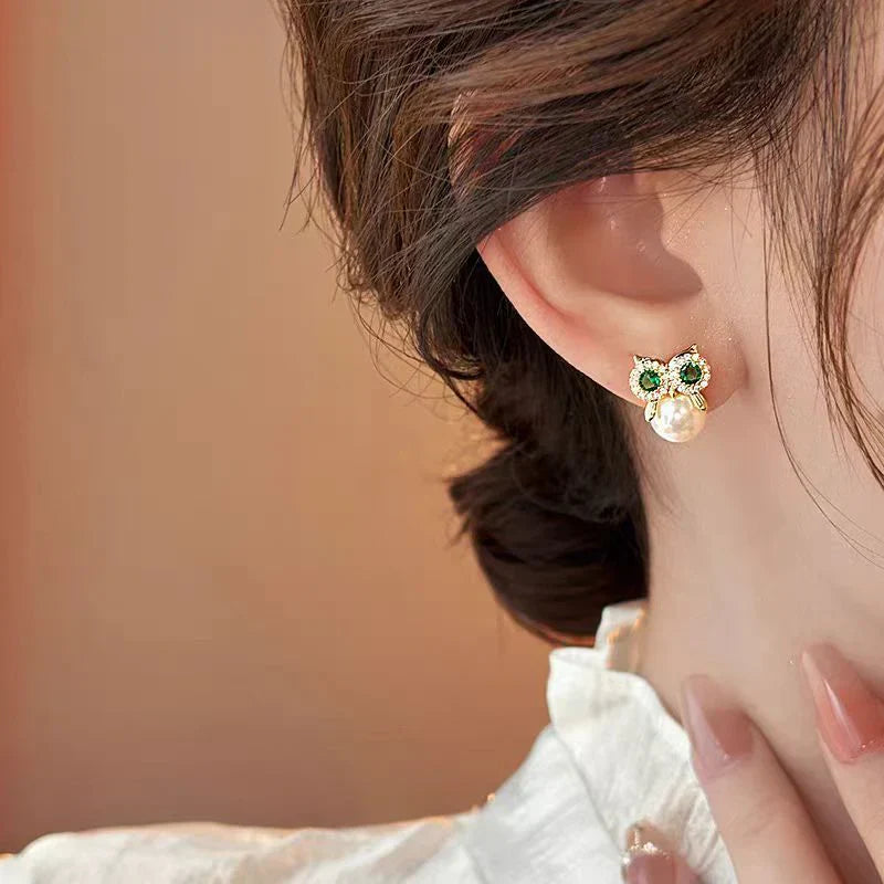 Owl Zircon Pearl Stud Earrings Female Design